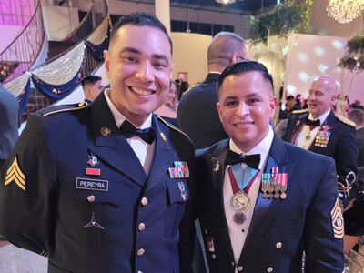 Staff Sgt Daniel Pereyra and CSM Joel Lara Baez of WBAMC Medical at the 2023 Holiday Ball