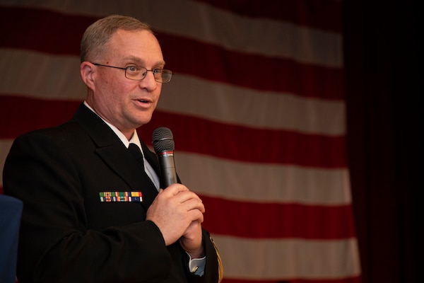 240419-N-KC192-2210 PORTSMOUTH, Va. (April 19, 2024) Naval Medical Forces Atlantic Command Master Chief Zachary Pryor, a native of Alliance, Nebraska, gives remarks during his retirement ceremony on board Naval Support Activity (NSA) Hampton Roads - Portsmouth Annex, April 19, 2024. Pryor served the Navy for nearly 32 years of dedicated service across 13 commands. (U.S. Navy photo by Mass Communication Specialist 2nd Class Levi Decker)