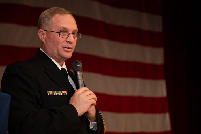 240419-N-KC192-2210 PORTSMOUTH, Va. (April 19, 2024) Naval Medical Forces Atlantic Command Master Chief Zachary Pryor, a native of Alliance, Nebraska, gives remarks during his retirement ceremony on board Naval Support Activity (NSA) Hampton Roads - Portsmouth Annex, April 19, 2024. Pryor served the Navy for nearly 32 years of dedicated service across 13 commands. (U.S. Navy photo by Mass Communication Specialist 2nd Class Levi Decker)