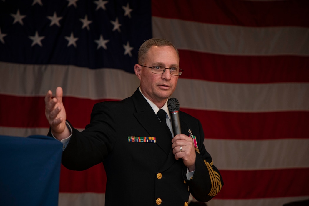 240419-N-KC192-2213 PORTSMOUTH, Va. (April 19, 2024) Naval Medical Forces Atlantic Command Master Chief Zachary Pryor, a native of Alliance, Nebraska, gives remarks during his retirement ceremony on board Naval Support Activity (NSA) Hampton Roads - Portsmouth Annex, April 19, 2024. Pryor served the Navy for nearly 32 years of dedicated service across 13 commands. (U.S. Navy photo by Mass Communication Specialist 2nd Class Levi Decker)