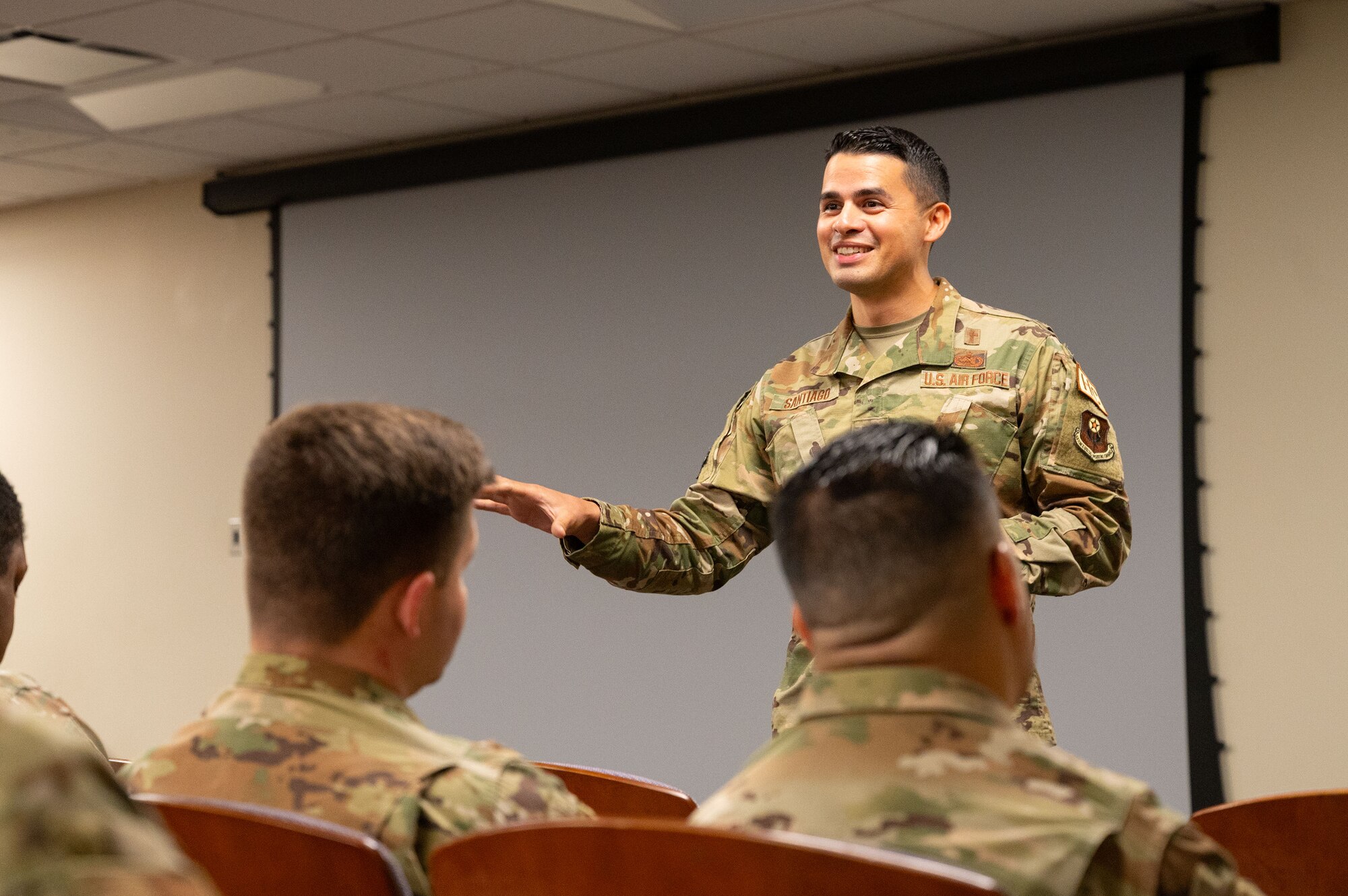 U.S. Air Force Captain Josue Santiago, 927th Air Refueling Wing chaplain, conducts a Sunday service for Airmen during the unit training assembly on MacDill Air Force Base, Florida, April 7, 2024. Santiago was selected as the 2023 Outstanding Reserve Chaplain. (U.S. Air Force photo by Tech. Sgt. Bradley Tipton)