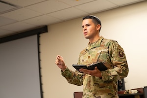 U.S. Air Force Captain Josue Santiago, 927th Air Refueling Wing chaplain, conducts a Sunday service for Airmen during the unit training assembly on MacDill Air Force Base, Florida, April 7, 2024. Santiago was selected as the 2023 Outstanding Reserve Chaplain. (U.S. Air Force photo by Tech. Sgt. Bradley Tipton)