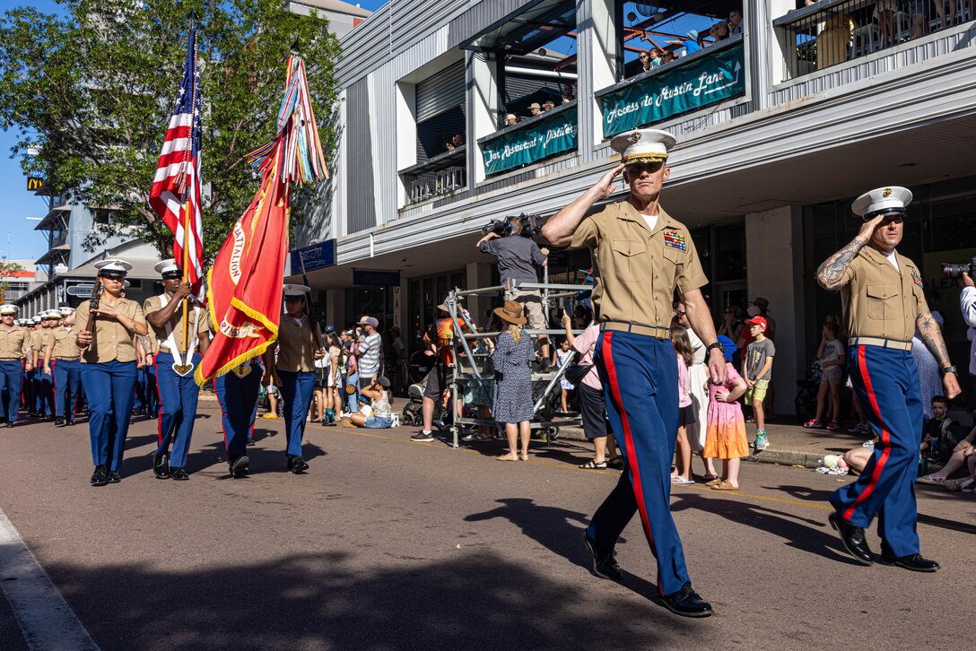 U.S. Marine Corps Lt. Col. Clinton K. Hall, center left, the commanding officer of 2nd Battalion, 5th Marine Regiment (Reinforced), Marine Rotational Force – Darwin 24.3, and Sgt. Maj. Robert Ashby, the senior enlisted leader of 2nd Bn., 5th Marines (Rein.), MRF-D 24.3, march during the 109th commemorative service in honor of Anzac Day in Darwin, NT, Australia, April 25, 2024. Anzac Day marks the landings in Gallipoli of Australian and New Zealand Army Corps soldiers in 1915, and commemorates all Australian personnel who served and died in wars, conflicts, and peacekeeping operations. MRF-D 24.3 Marines and Sailors showed their support to the Australian Defence Force personnel commemorating Anzac Day through dawn services and other commemorative services. Hall is a native of Nevada. Ashby is a native of Missouri. (U.S. Marine Corps photo by Cpl. Juan Torres)