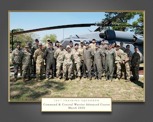 graphic with 23 uniformed military members standing in front of a helicopter with wording stating "705th Training Squadron, Command and Control Warrior Advanced Course, Class 23-04.