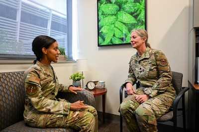 1st Lt. Zizi Zemeheret, 59th Medical Operations Squadron social work fellow, and Lt. Col. Kirsten DeLambo, 59th Medical Operations Squadron psychological health director, demonstrates a staged counseling session in the Mental Health Clinic at Wilford Hall Ambulatory Surgical Center, Joint Base San Antonio-Lackland, Texas, April 23, 2024. In efforts to promote sexual assault awareness and prevention: speak out if witnessing harassment, utilize the various counseling options available to survivors, and be informed of the two available – Unrestricted and Restricted – reporting options. Unrestricted Reports enable adult victims of sexual assault to report crimes without requesting confidentiality for their allegations, while Restricted Reports allow adult victims of sexual assault to confidentially report the crime to specified individuals without initiating an investigation. (Air Force photo by Senior Airman Melody Bordeaux)