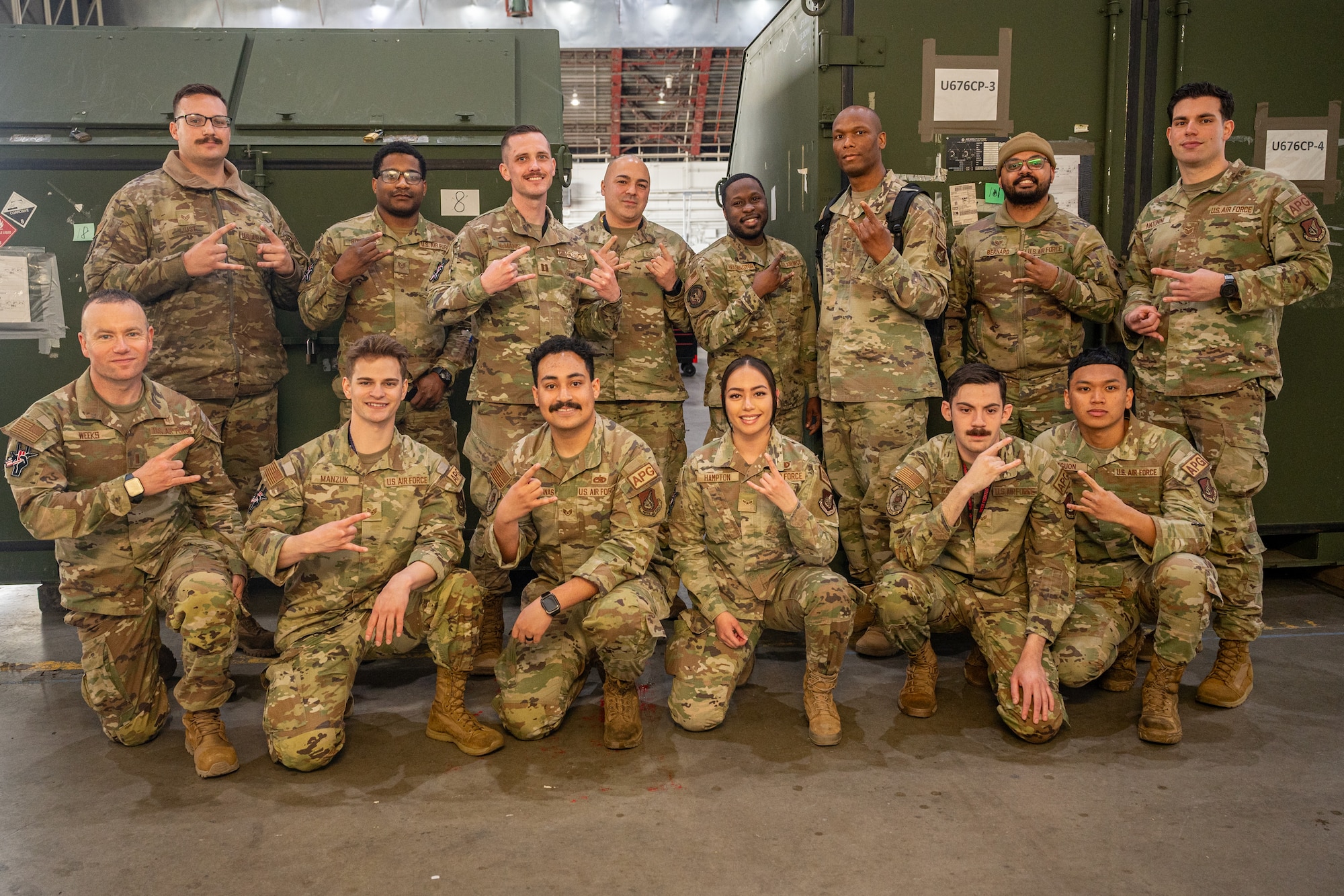 U.S. Air Force Airmen assigned to the 36th Fighter Generation Squadron out of Osan Air Base, Republic of Korea, pose for a photo