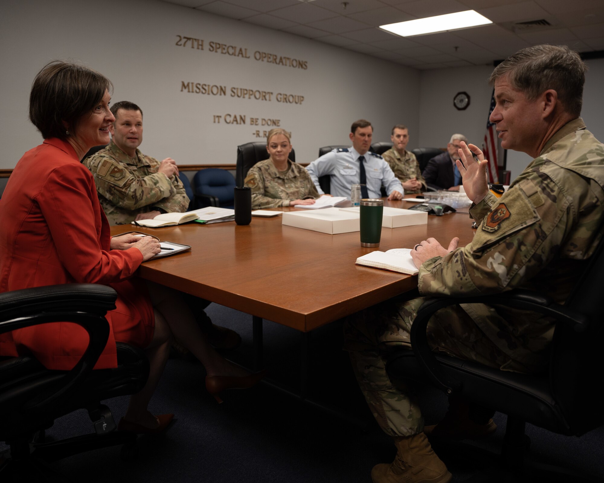 The 27th Special Operations Mission Support Group leadership meets with Susan Veazey, Regional Director of the Department of Defense’s Office of Local Defense Community Cooperation, during a meeting with the 27 SOMSG Leadership at Cannon Air Force Base, N.M., April 24, 2024. OLDCC, in coordination with other federal agencies, delivers a program that enables states, local governments, and communities to increase military, civilian, and industrial readiness and resiliency, and support military families. (U.S. Air Force photo by Senior Airman Parra)