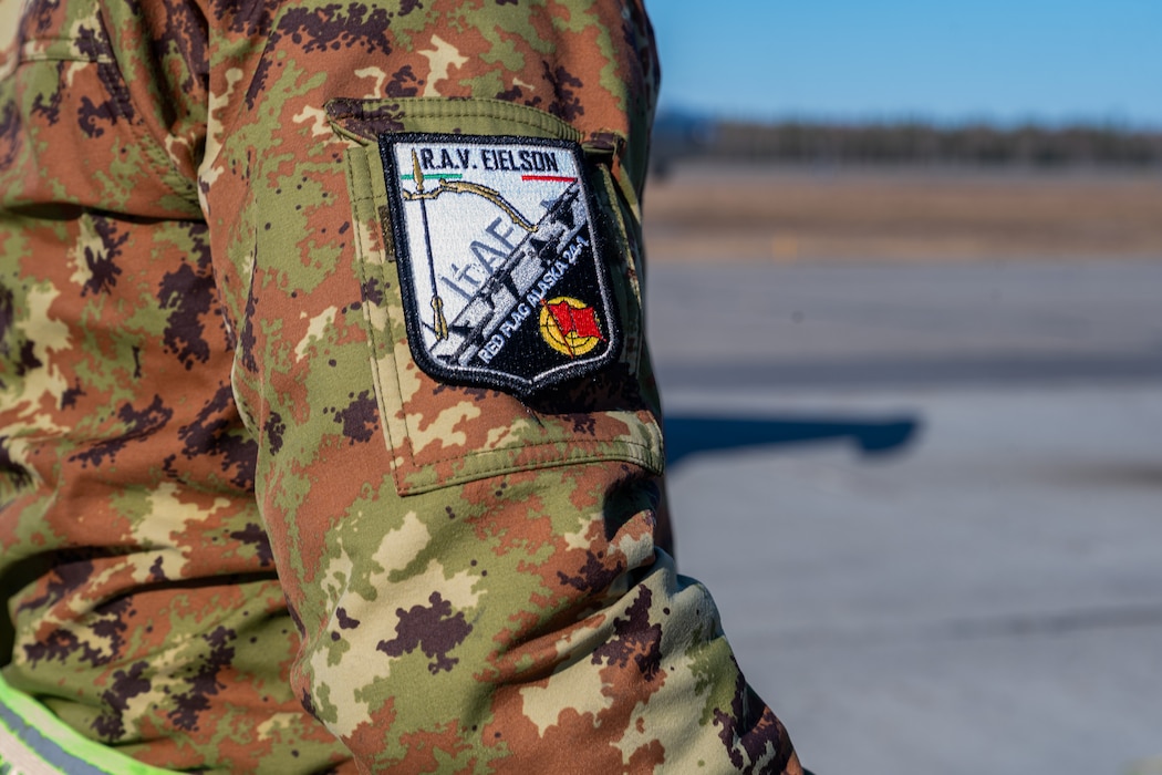 A Red Flag Alaska 24-1 patch sits on the shoulder of an Italian Air Force service member during Red Flag Alaska 24-1.