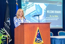 Ms. Joy White, Space Systems Command’s senior executive director, provided opening remarks during SSC’s Cyber Expo April 23, 2024, at Los Angeles Air Force Base in El Segundo, Calif. Senior and thought leaders joined together from April 23-24 to give attendees insight about the use of cyber resilience through panel discussions, one-on-ones, and hands-on demonstrations as an opportunity to showcase how SSC is using cyber resilience to protect current and future space systems and acquisitions. (U.S. Space Force photo Van Ha)