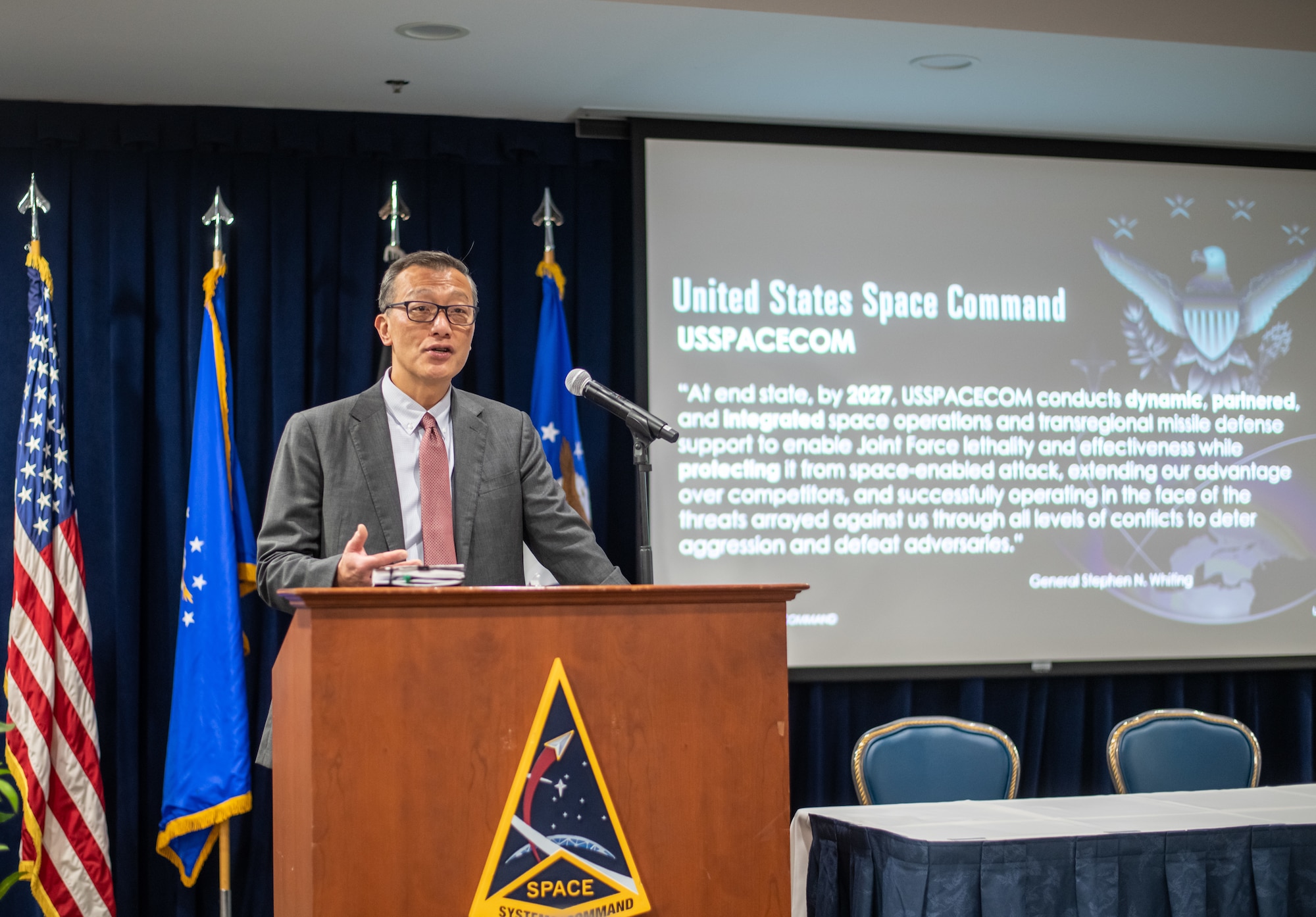 Mr. Tse-Hong “Richard” Yu, director of the Digital Superiority Directorate (J6) and Chief Information Officer, U.S. Space Command, speaks during the 2024 Cyber Expo at Los Angeles Air Force Base on April 24, 2024, in El Segundo, Calif. As the director and CIO Mr. Yu ensures the robustness of command, control, communication, and computer systems, while taking on the responsibility of spearheading the integration of artificial intelligence and machine learning technologies into USSPACECOM’s operations. Presentations and panel discussions, like this, gave military, government, contractors, academia, and commercial industry professionals an opportunity to learn how Space Systems Command is using cyber resilience, today and tomorrow, to protect our current and future space systems and acquisitions. (U.S. Space Force photo by Van Ha)