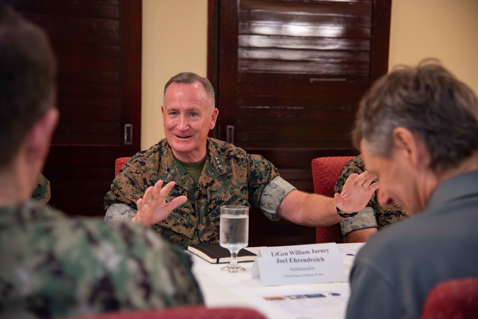 U.S. Marine Corps Lt. Gen. William M. Jurney, commander, U.S. Marine Corps Forces, Pacific, speaks with U.S. Ambassador for the Republic of Palau Joel Ehrendreich and members of the U.S. Embassy during a country team brief at the Palau Royal Resort, Apr. 25. Jurney traveled to Palau to meet with local and military leaders to discuss regional defense partnerships and opportunities. Palau is one of the Compact of Free Association states aligned with the United States, which provides defense, funding, and access to social services. (U.S. Navy photo by Mass Communication Specialist 1st Class Samantha Jetzer)
