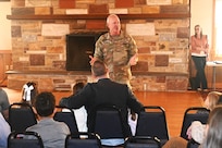 Pennsylvania Adjutant General Maj. Gen. Mark Schindler addresses the participants of Take Your Child to Work Day April 25 at Fort Indiantown Gap, Pa. More than 120 children of Pennsylvania Department of Military and Veterans Affairs and Pennsylvania National Guard employees toured Fort Indiantown Gap for Take Your Child to Work Day. (Pennsylvania National Guard photo by Brad Rhen)