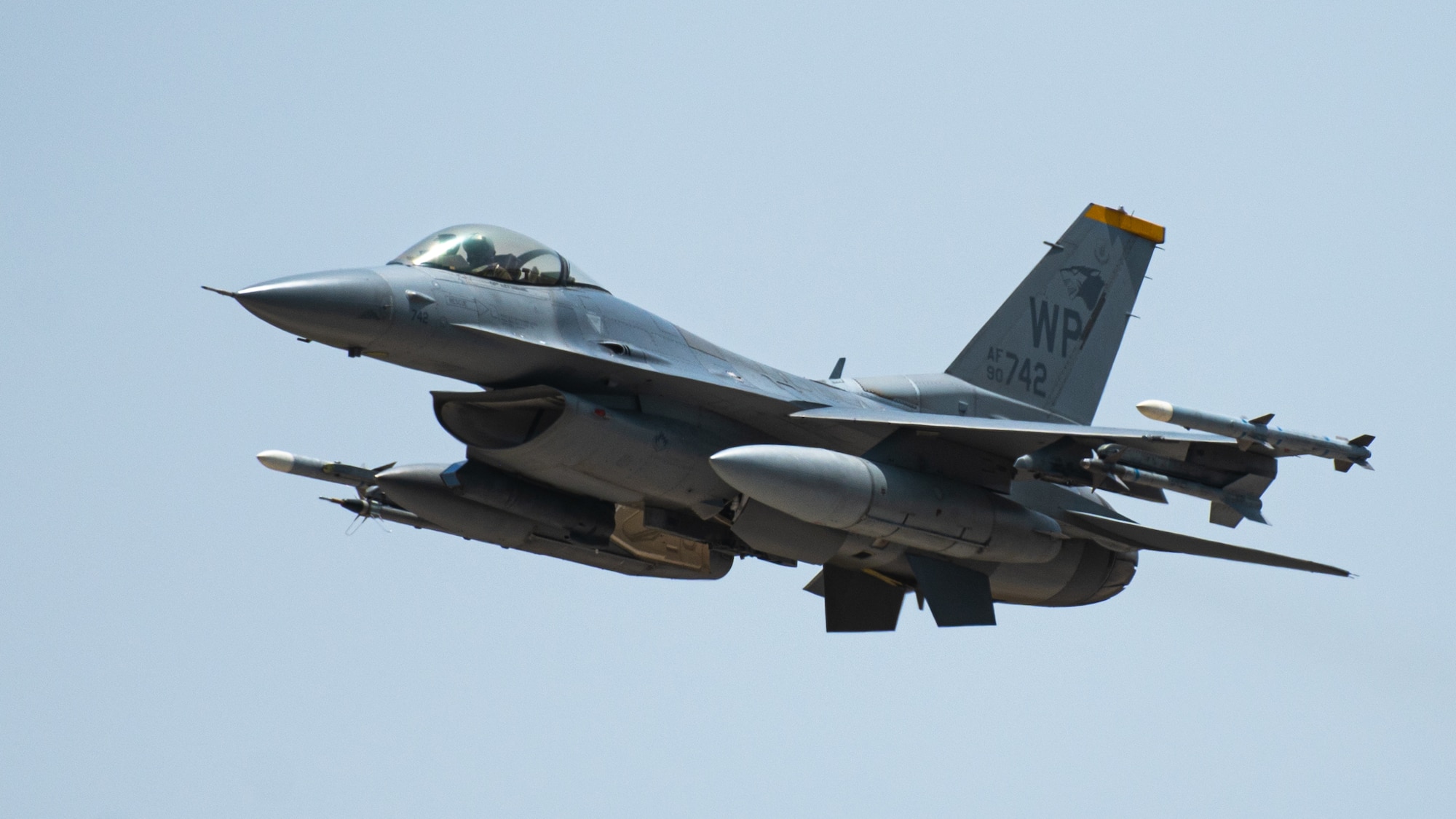 A U.S. Air Force F-16 Fighting Falcon takes off from the flightline at Kunsan Air Base, Republic of Korea, April 19, 2024.