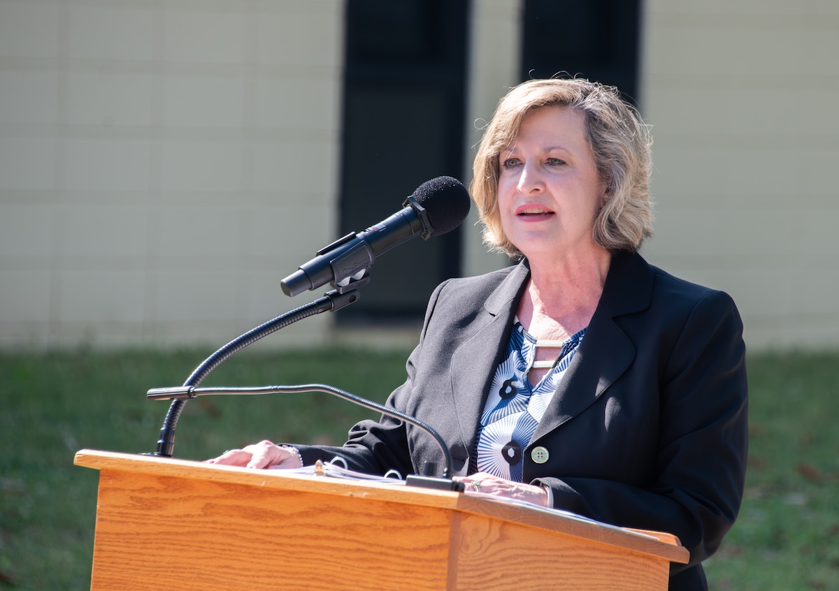 Glenda Scheiner, Dept. of the Air Force Chief of Staff for Manpower, Personnel and Services speaking at Civilian Leadership Development School at Building 1429 with a ceremonial ribbon-cutting.