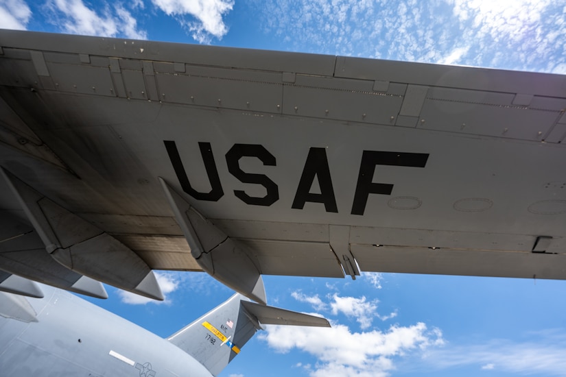 Underside view of a C-17 wing with USAF printed on it