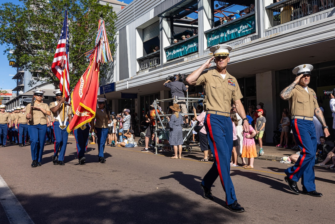 U.S. Marine Corps Lt. Col. Clinton K. Hall, center left, the commanding officer of 2nd Battalion, 5th Marine Regiment (Reinforced), Marine Rotational Force – Darwin 24.3, and Sgt. Maj. Robert Ashby, the senior enlisted leader of 2nd Bn., 5th Marines (Rein.), MRF-D 24.3, march during the 109th commemorative service in honor of Anzac Day in Darwin, NT, Australia, April 25, 2024. Anzac Day marks the landings in Gallipoli of Australian and New Zealand Army Corps soldiers in 1915, and commemorates all Australian personnel who served and died in wars, conflicts, and peacekeeping operations. MRF-D 24.3 Marines and Sailors showed their support to the Australian Defence Force personnel commemorating Anzac Day through dawn services and other commemorative services. Hall is a native of Nevada. Ashby is a native of Missouri. (U.S. Marine Corps photo by Cpl. Juan Torres)