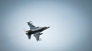 A U.S. Air Force F-16 Fighting Falcon flies overhead after taking off from the flightline at Kunsan Air Base, Republic of Korea, April 19, 2024.