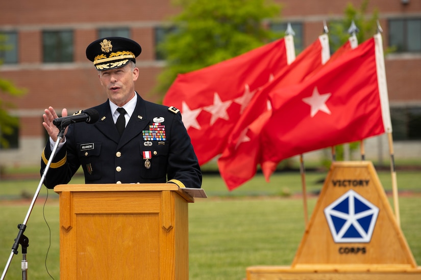 U.S. Army Lt. Gen. John S. Kolasheski gives remarks during his retirement ceremony, Fort Knox, Kentucky, April 26, 2024. Kolasheski retired from the U.S. Army after nearly 35 years of distinguished service during a ceremony at V Corps headquarters. (U.S. Army photo by Sgt. Javen Owens)