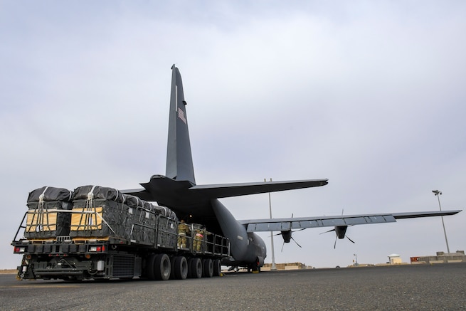 Bundles of humanitarian aid destined for Gaza are loaded onto the U.S. Air Force C-130J Super Hercules at an undisclosed location within the U.S. Central Command area of responsibility, April 28, 2024. The U.S. has prioritized the delivery of humanitarian aid to relieve the suffering of civilians affected by the ongoing crisis in Gaza. (U.S. Air Force photo)