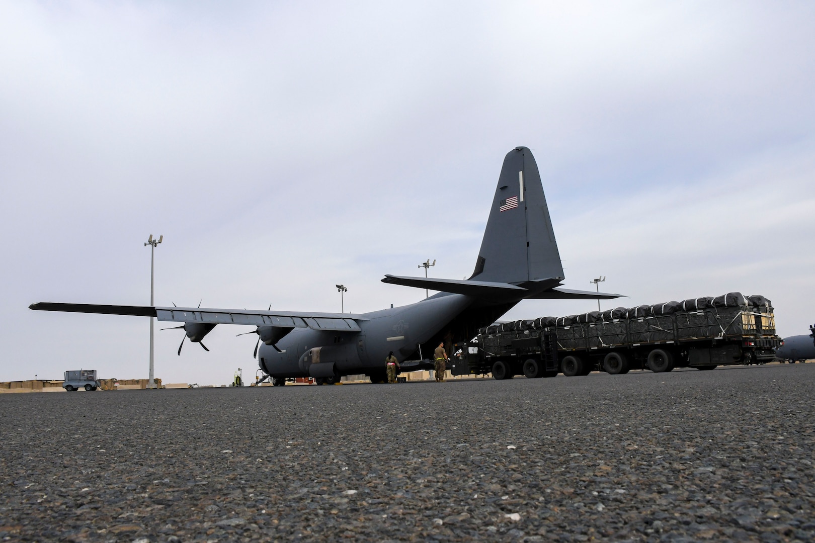 Bundles of humanitarian aid destined for Gaza are loaded onto the U.S. Air Force C-130J Super Hercules at an undisclosed location within the U.S. Central Command area of responsibility, April 28, 2024. Delivering humanitarian aid via airdrop ensures the aid is received by civilians most in need without delay for
communities that may be difficult to reach on the ground. (U.S. Air Force photo)