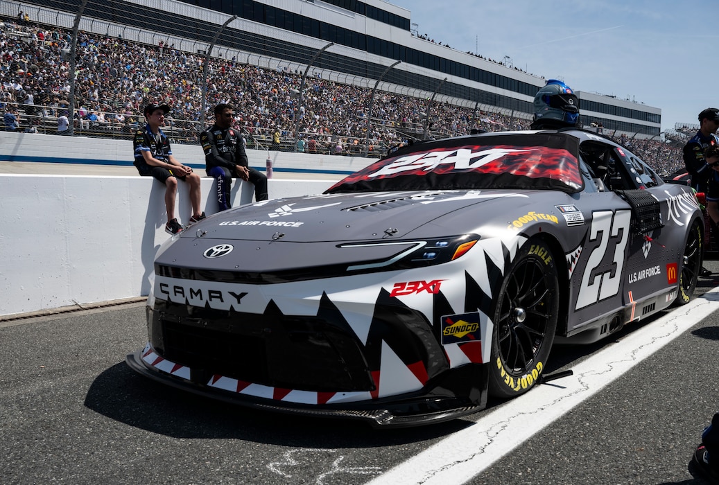 The Würth 400 NASCAR Cup Series No. 23 Toyota Camry sits on the Dover Motor Speedway track in Dover, Delaware, April 28, 2024. Bubba Wallace, the car’s driver, toured Dover Air Force Base before the weekend’s race at Dover Motor Speedway. (U.S. Air Force photo by Staff Sgt. Marco A. Gomez)