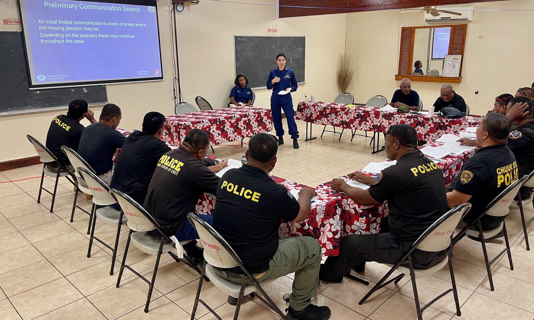 Members of U.S. Coast Guard Forces Micronesia/Sector Guam provide instruction in search and rescue planning and operations during a SAR exercise with partners in the Chuuk State, Federated States of Micronesia, on April 15, 2024. The exercise involved comprehensive seminars and functional drills designed to strengthen SAR response across the region. Key components of the training included SAR system fundamentals, alerting procedures, communications, and a SAR OPS software demonstration, alongside an overdue vessel check sheet exercise. Participants included the Chuuk State Department of Public Safety—Fire and Rescue and Chuuk Disaster Coordination Office. (U.S. Coast Guard photo by Lt. Henry Dunphy)