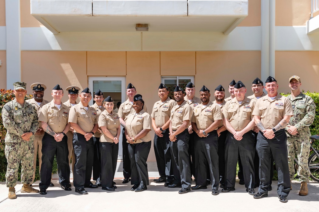 Personnel assigned to Naval Support Activity Souda Bay and Public Works Department, NSA Souda Bay, receive Advanced Leadership Development Course Certificates of Completion from Master Chief Master-at-Arms Dionisio Caronan, acting command master chief, NSA Souda Bay on April 26, 2024.