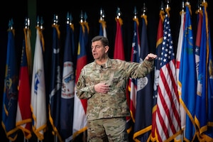 U.S. Air Force Lt. Gen. Micheal A. Loh, director, Air National Guard (ANG), speaks about the ANG’s role in implementing changes for Great Power Competition during the 2024 Wing Leader Conference (WLC), Henderson, Nevada, April 24, 2024.