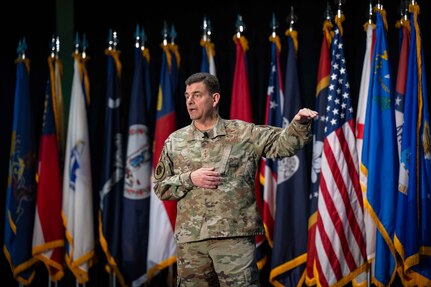 U.S. Air Force Lt. Gen. Micheal A. Loh, director, Air National Guard (ANG), speaks about the ANG’s role in implementing changes for Great Power Competition during the 2024 Wing Leader Conference (WLC), Henderson, Nevada, April 24, 2024.