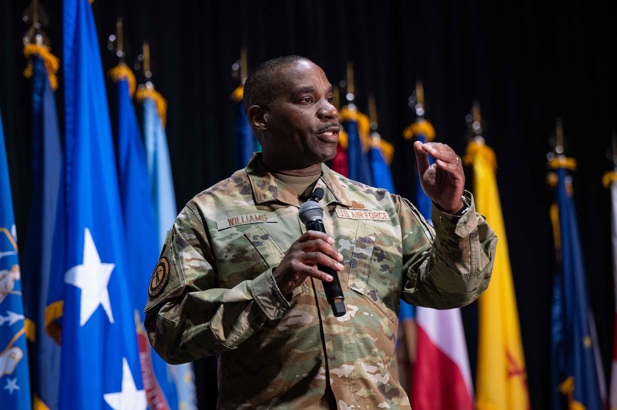 U.S. Air Force Chief Master Sgt. Maurice L. Williams, command chief, Air National Guard (ANG), speaks about the ANG’s role in implementing changes for Great Power Competition during the 2024 Wing Leader Conference (WLC), Henderson, Nevada, April 24, 2024.