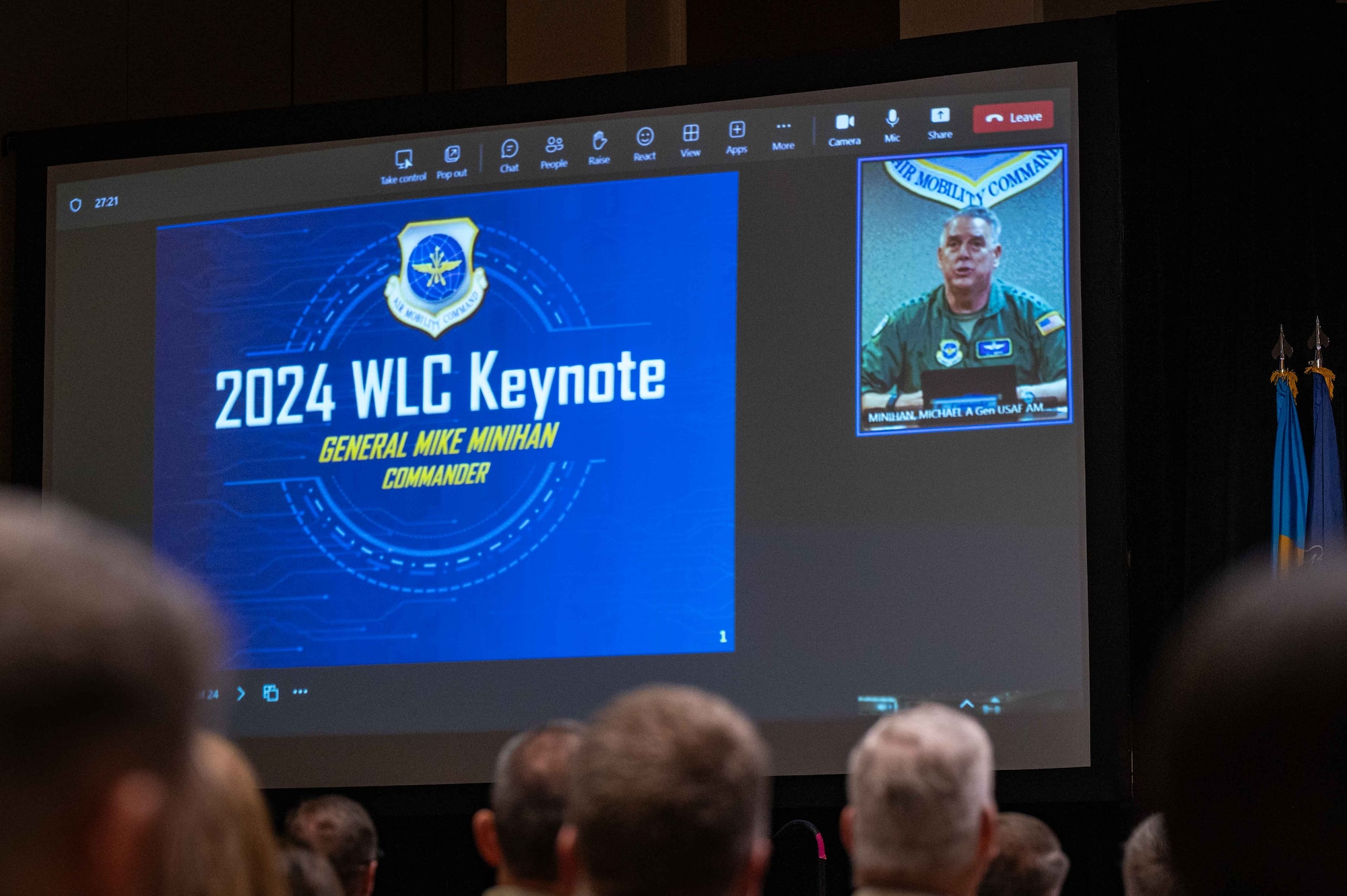 U.S. Air Force Gen. Mike Minihan, commander, Air Mobility Command, remotely provides the keynote address during the 2024 Wing Leader Conference, Henderson, Nevada, April 24, 2024.