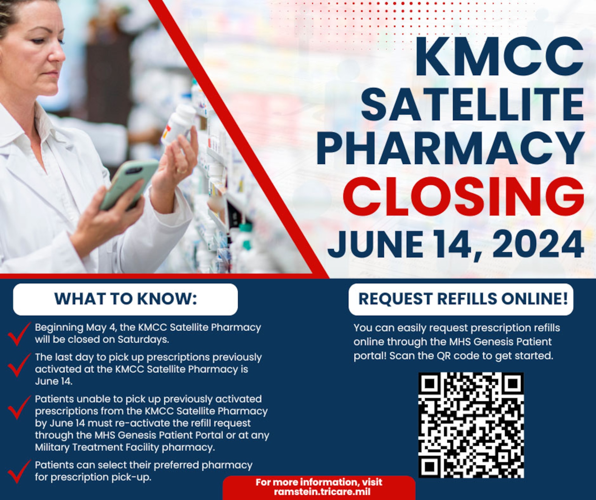 a graphic saying closure of the Kaiserslautern Military Community Center Satellite Pharmacy at Ramstein Air Base