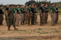 U.S. Marine Corps candidates with 12th Marine Corps District stand in formation during a Mini-Officer Candidates School event at Marine Corps Base Camp Pendleton in Oceanside, Calif., April 20. Mini OCS gives candidates and applicants an idea of what to expect at Marine Corps Officer Candidates School. (U.S. Marine Corps photo by Sgt. Jesula Jeanlouis)