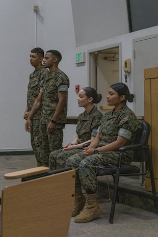 U.S. Marines with the Basic Marine Platoon, Recruit Training Regiment, answer questions from educators from Recruiting Station’s Chicago, Kansas City, and Saint Louis as part of the 2024 Educator’s Workshop at Marine Corps Recruit Depot San Diego, April 25, 2024. Participants of the workshop visit MCRD San Diego to observe recruit training and gain a better understanding about the transformation from recruits to United States Marines. Educators also received classes and briefs on the benefits that are provided to service members serving in the United States armed forces. (U.S. Marine Corps photo by Lance Cpl. Alexandra M. Earl)