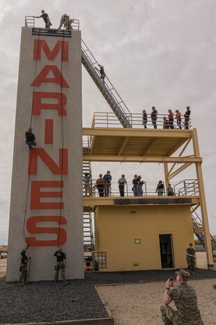 Educators from Recruiting Stations Chicago, Kansas City and Saint Louis conduct the rappel tower as part of the 2024 Educator’s Workshop at MCRD San Diego, California, April 25, 2024. Participants of the workshop visit MCRD San Diego to observe recruit training and gain a better understanding about the transformation from recruits to United States Marines. Educators also received classes and briefs on the benefits that are provided to service members serving in the United States armed forces. (U.S. Marine Corps photo by Lance Cpl. Alexandra M. Earl)