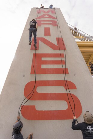 Educators from Recruiting Stations Chicago, Kansas City and Saint Louis conduct the rappel tower as part of the 2024 Educator’s Workshop at MCRD San Diego, California, April 25, 2024. Participants of the workshop visit MCRD San Diego to observe recruit training and gain a better understanding about the transformation from recruits to United States Marines. Educators also received classes and briefs on the benefits that are provided to service members serving in the United States armed forces. (U.S. Marine Corps photo by Lance Cpl. Alexandra M. Earl)