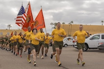 The U.S. Marine staff of 2nd Recruit Training Battalion and Recruit Training Regiment participate in a motivational run at Marine Corps Recruit Depot San Diego, California, April 25, 2024. The motivational run is the final training event new Marines complete before graduating which consists of a three-mile run throughout the Depot. (U.S. Marine Corps photo by Lance Cpl. Alexandra M. Earl)