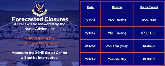 Forecasted Closures. All Calls will be answered by the Nurse Advice Line. 1(800)874-2273 mhsnurseadviceline.com Access to the 24HR Script Center will not be interrupted. The Forecasted Closures for May are May 10, 2024 for MDG Training from 1:00 p.m. - 4:30 p.m. May 22, 2024 for MDG Training from 7:30 a.m. - 1:00 p.m. May 24, 2024 for ACC Family Day. Closed all day. May 27, 2024 for Memorial day. Closed all day.