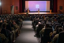 U.S. Air Force Chief of Staff Gen. David Allvin, left, and Chief Master Sgt. of the Air Force David Flosi answer questions during an all call at Joint Base Charleston, South Carolina, April 26, 2024. Allvin and Flosi met with Airmen, recognized outstanding performers, and hosted an all call to discuss the need for rapid reoptimization of forces to effectively confront great power competition. (U.S. Air Force photo by Senior Airman Christian Silvera)