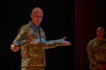 U.S. Air Force Chief of Staff Gen. David Allvin speaks to Airmen during an all call at Joint Base Charleston, South Carolina, April 26, 2024. During the all call, Allvin and Flosi addressed the need for rapid reoptimization of forces to effectively confront great power competition. (U.S. Air Force photo by Senior Airman Christian Silvera)