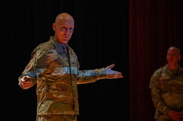 U.S. Air Force Chief of Staff Gen. David Allvin speaks to Airmen during an all call at Joint Base Charleston, South Carolina, April 26, 2024. During the all call, Allvin and Flosi addressed the need for rapid reoptimization of forces to effectively confront great power competition. (U.S. Air Force photo by Senior Airman Christian Silvera)