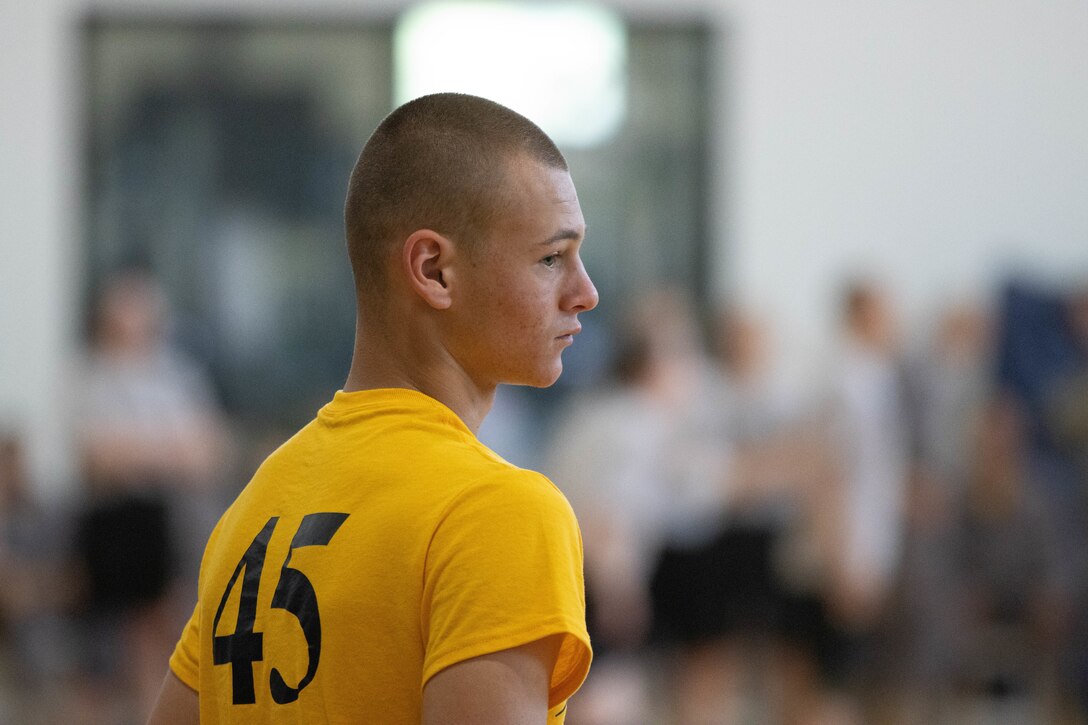 An Appalachian ChalleNGe Academy cadet takes part in a volleyball match Friday, April 26.