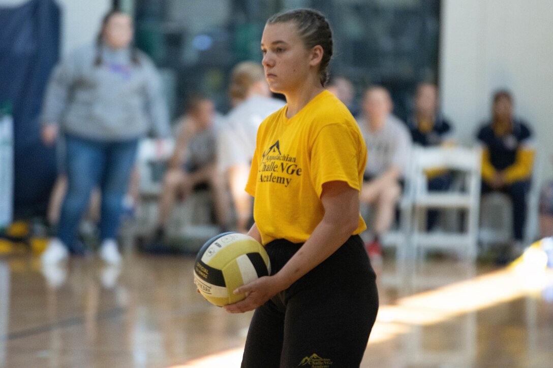 An Appalachian ChalleNGe Academy cadets takes part in a volleyball match Friday, April 26.