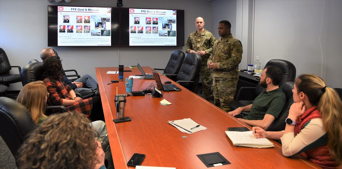 Maj. Chris Garceau and Sgt. 1st Class Tommy Smith, officers-in-charge of the 62nd Forward Engineer Support Team – Advanced, hosted a recruitment session at the district headquarters on Mar. 8, 2024.