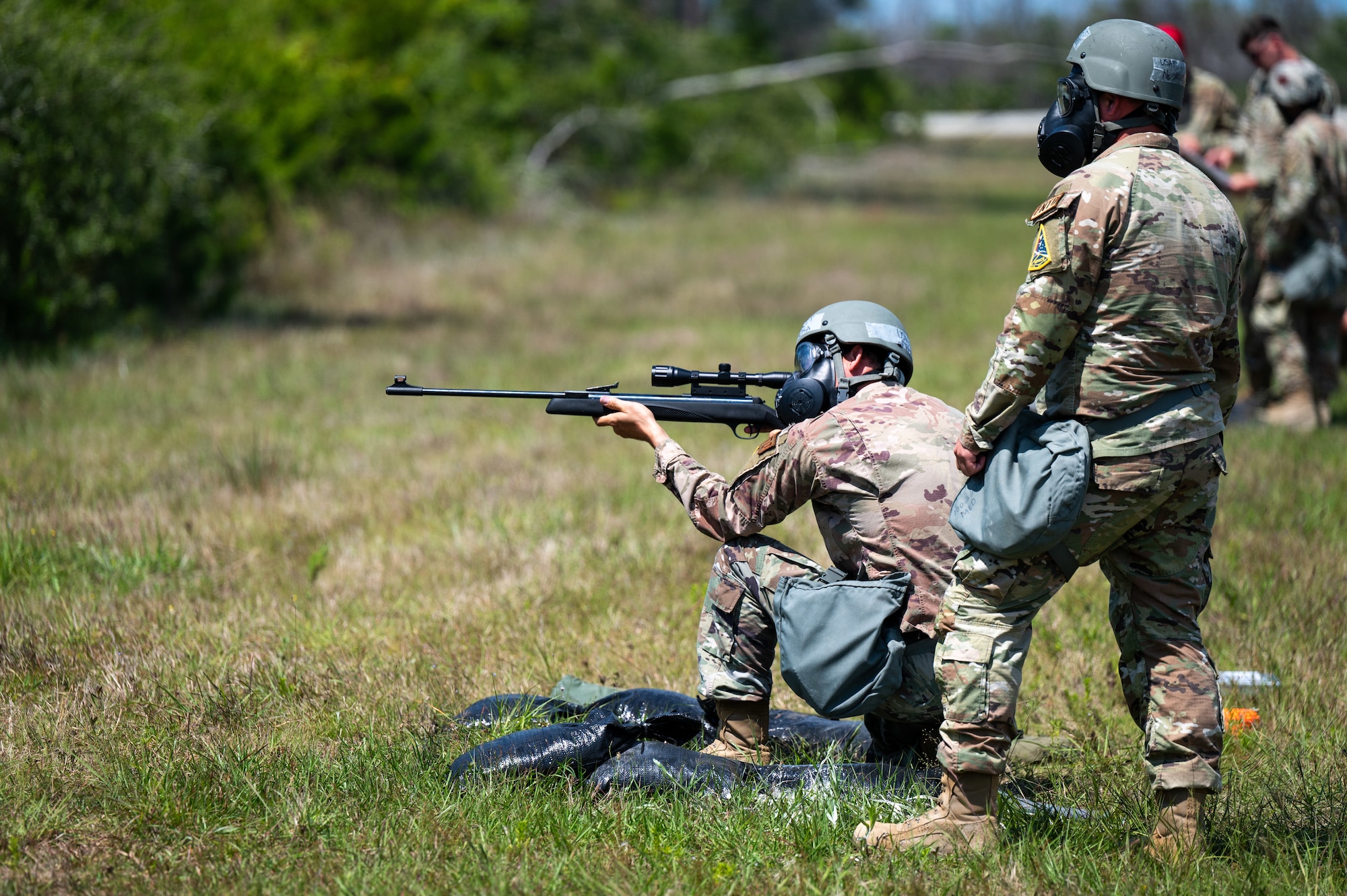 U.S. Air Force Staff Sgt. Frank Rosa, 45th Civil Engineer Squadron pest management craftsman, left, and U.S. Air Force Tech. Sgt. Nicholas Stokes, 45th Civil Engineer Squadron non-commissioned officer in charge of resources, participate in a bird and aircraft strike hazard range event at Readiness Challenge X at Tyndall Air Force Base, Florida, April 25, 2024. Readiness Challenge X was a multi-day competition between teams of civil engineering squadrons from around the world that tested unit readiness, strengthened camaraderie and sharpened skills through joint training in a simulated contested environment. (U.S. Space Force photo by Airman 1st Class Spencer Contreras)