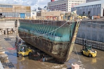 The 760,815-pound Caisson 3 was first docked in Dry Dock 3 Sept, 27, 2019, in preparation for its dismantling at Puget Sound Naval Shipyard & Intermediate Maintenance Facility in Bremerton, Washington. (U.S Navy photos by Wendy Hallmark).