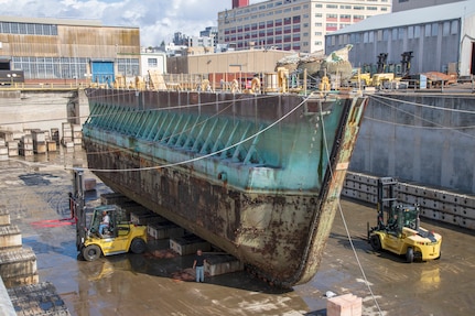 The 760,815-pound Caisson 3 was first docked in Dry Dock 3 Sept, 27, 2019, in preparation for its dismantling at Puget Sound Naval Shipyard & Intermediate Maintenance Facility in Bremerton, Washington. (U.S Navy photos by Wendy Hallmark).