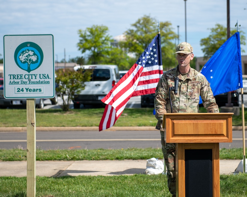 U.S. Air Force Col. Nate Somers, 316th Mission Support Group commander, speaks at the tree planting ceremony.