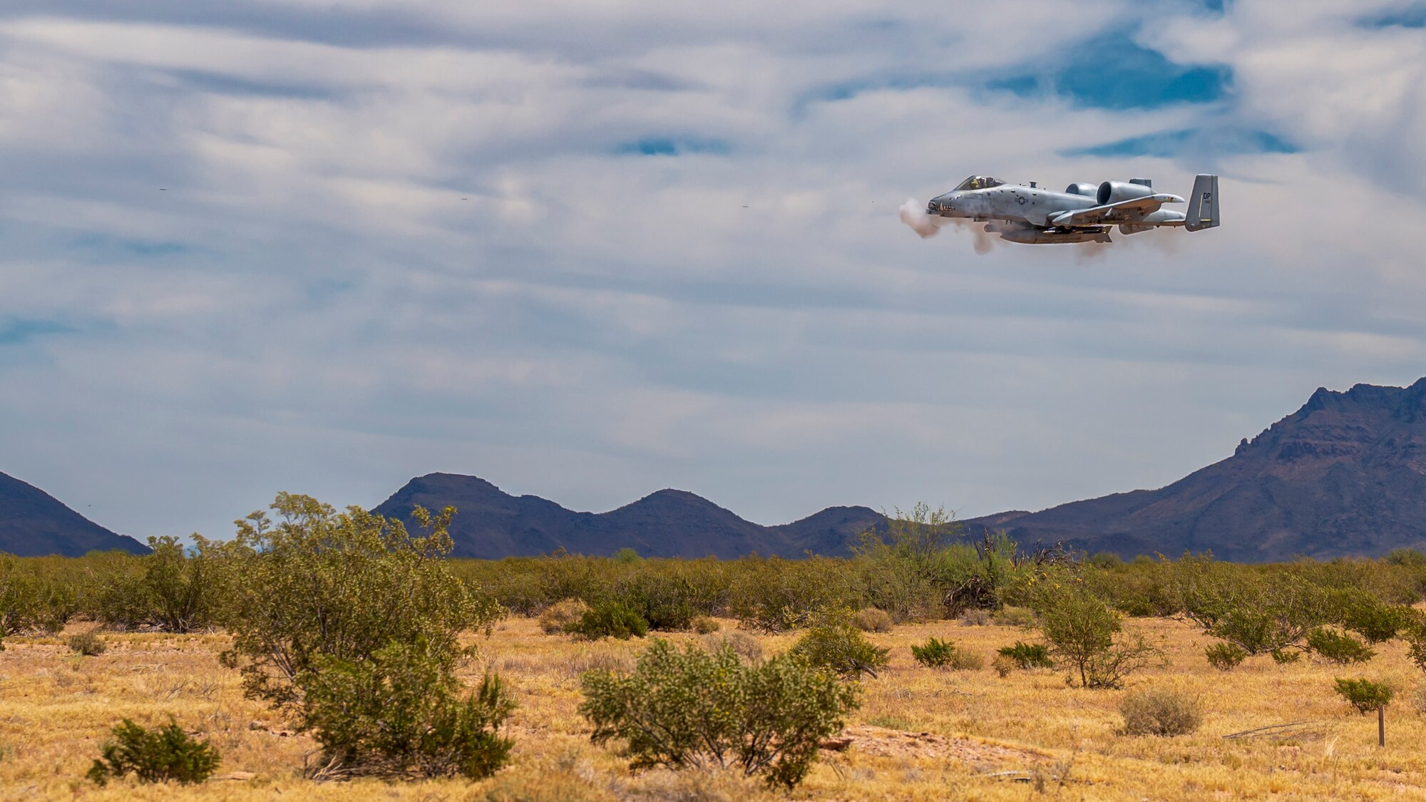 A U.S. Air Force A-10C Thunderbolt II assigned to the 47th Fighter Squadron, Davis-Monthan Air Force Base, Arizona, performs a gun run during Haboob Havoc 2024, April 24, 2024, over Barry M. Goldwater Range, Arizona.