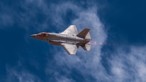 A U.S. Air Force F-35 Lightning II assigned to the 56th Fighter Wing, Luke Air Force Base, Arizona, performs a strafing run during Haboob Havoc 2024, April 24, 2024, at Barry M. Goldwater Range, Arizona.